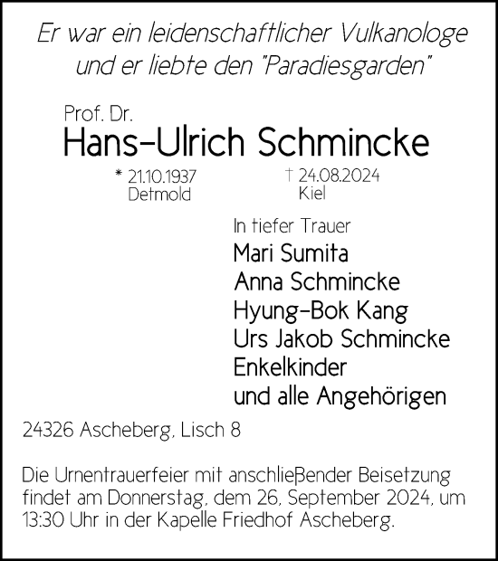 Traueranzeige von Hans-Ulrich Schmincke von Kieler Nachrichten