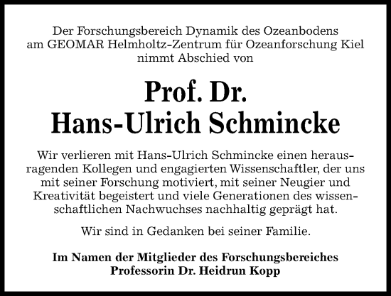 Traueranzeige von Hans-Ulrich Schmincke von Kieler Nachrichten