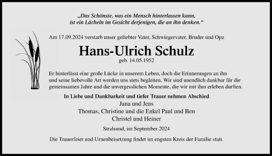 Traueranzeige von Hans-Ulrich Schulz von Ostsee-Zeitung GmbH