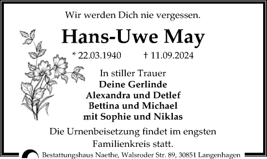 Traueranzeige von Hans-Uwe May von Hannoversche Allgemeine Zeitung/Neue Presse