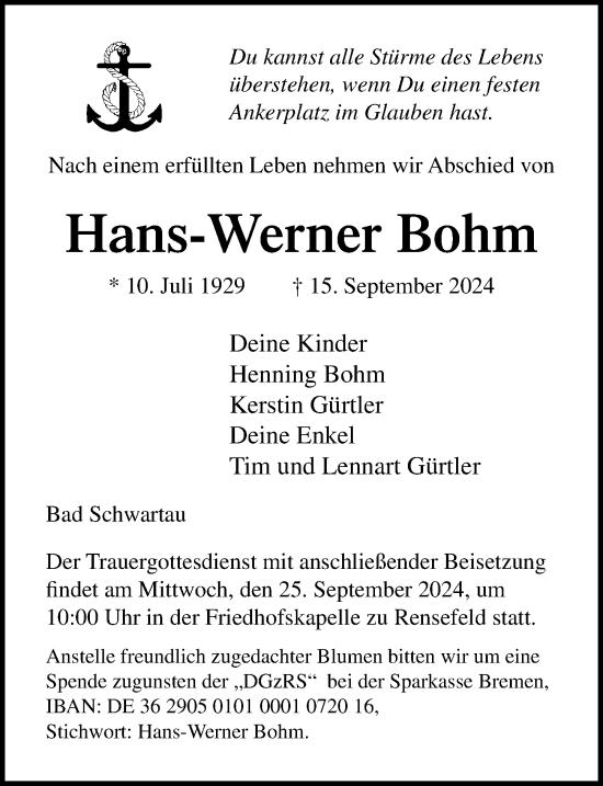 Traueranzeige von Hans-Werner Bohm von Lübecker Nachrichten