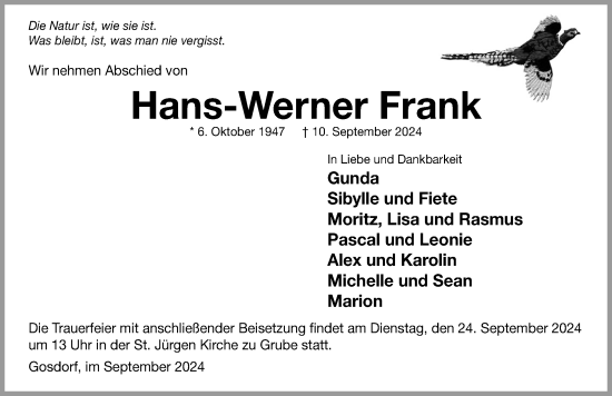 Traueranzeige von Hans-Werner Frank von Lübecker Nachrichten