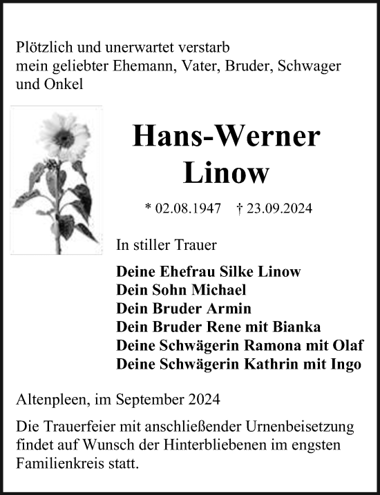 Traueranzeige von Hans-Werner Linow von Ostsee-Zeitung GmbH