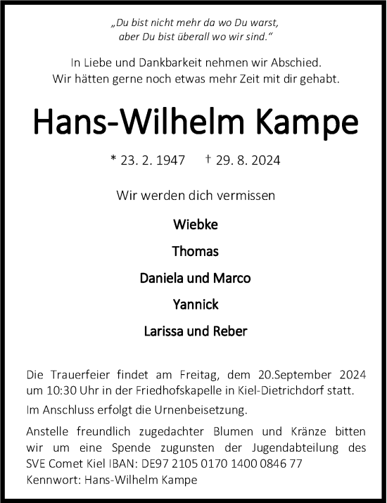 Traueranzeige von Hans-Wilhelm Kampe von Kieler Nachrichten