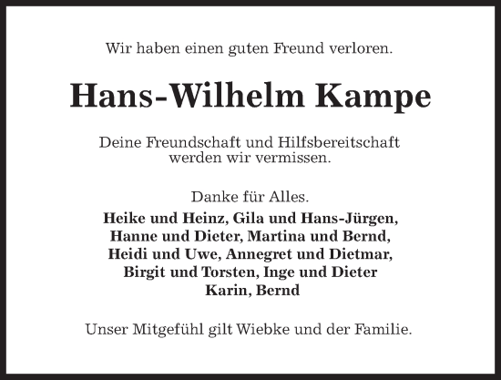 Traueranzeige von Hans-Wilhelm Kampe von Kieler Nachrichten