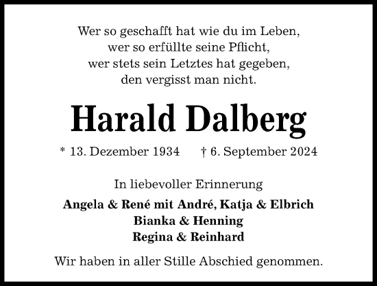 Traueranzeige von Harald Dalberg von Kieler Nachrichten