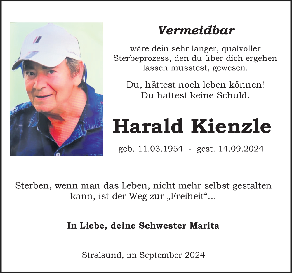  Traueranzeige für Harald Kienzle vom 21.09.2024 aus Ostsee-Zeitung GmbH