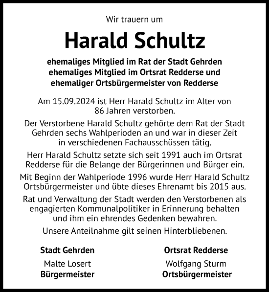 Traueranzeige von Harald Schultz von Hannoversche Allgemeine Zeitung/Neue Presse