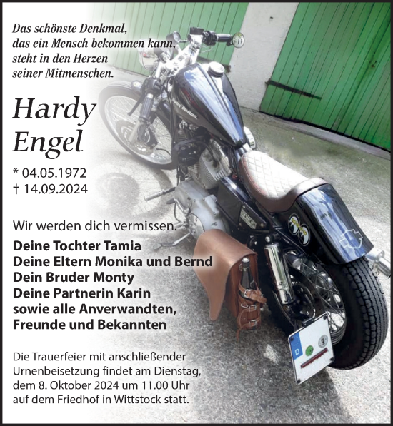 Traueranzeige von Hardy Engel von Wochenspiegel