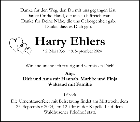 Traueranzeige von Harry Ehlers von Lübecker Nachrichten