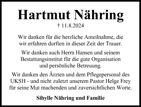 Traueranzeige von Hartmut Nähring von Kieler Nachrichten