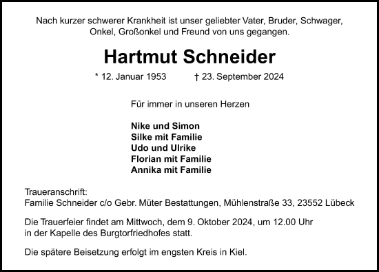 Traueranzeige von Hartmut Schneider von Lübecker Nachrichten