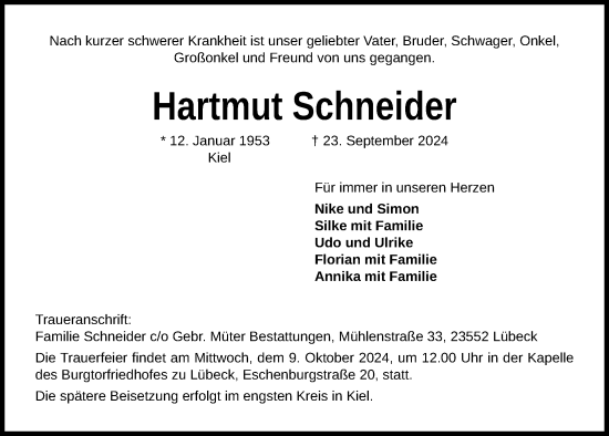 Traueranzeige von Hartmut Schneider von Kieler Nachrichten