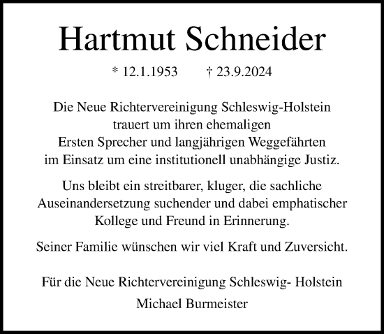 Traueranzeige von Hartmut Schneider von Lübecker Nachrichten