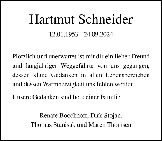 Traueranzeige von Hartmut Schneider von Lübecker Nachrichten