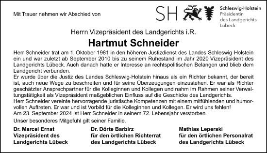 Traueranzeige von Hartmut Schneider von Lübecker Nachrichten