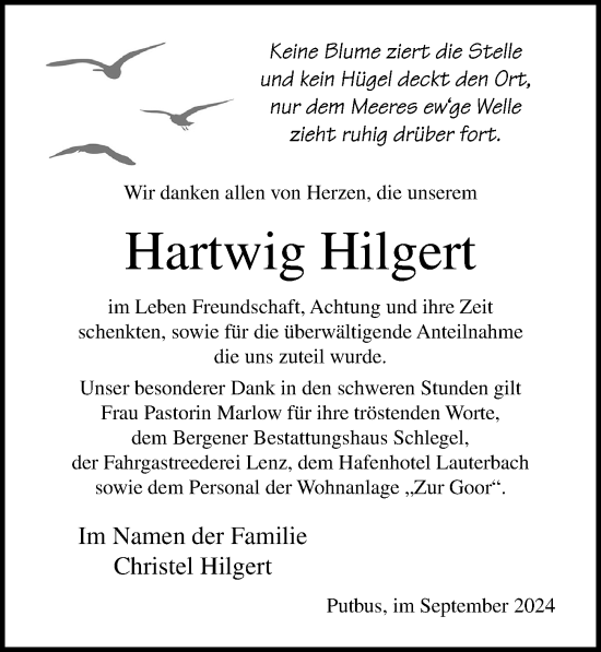 Traueranzeige von Hartwig Hilgert von Ostsee-Zeitung GmbH