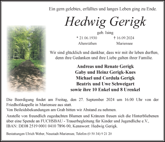 Traueranzeige von Hedwig Gerigk von Hannoversche Allgemeine Zeitung/Neue Presse