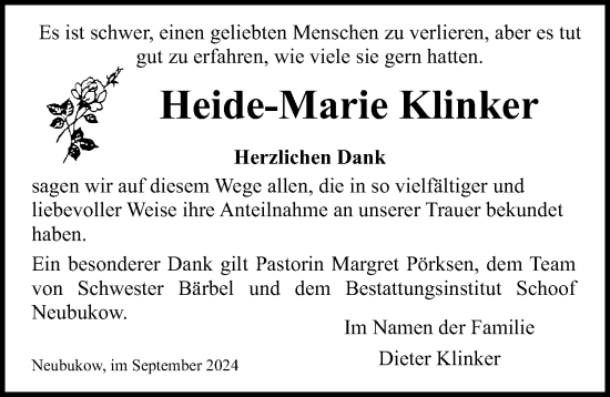 Traueranzeige von Heide-Marie Klinker von Ostsee-Zeitung GmbH