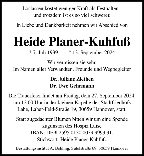 Traueranzeige von Heide Planer-Kuhfuß von Hannoversche Allgemeine Zeitung/Neue Presse