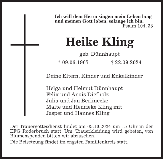 Traueranzeige von Heike Kling von Hannoversche Allgemeine Zeitung/Neue Presse