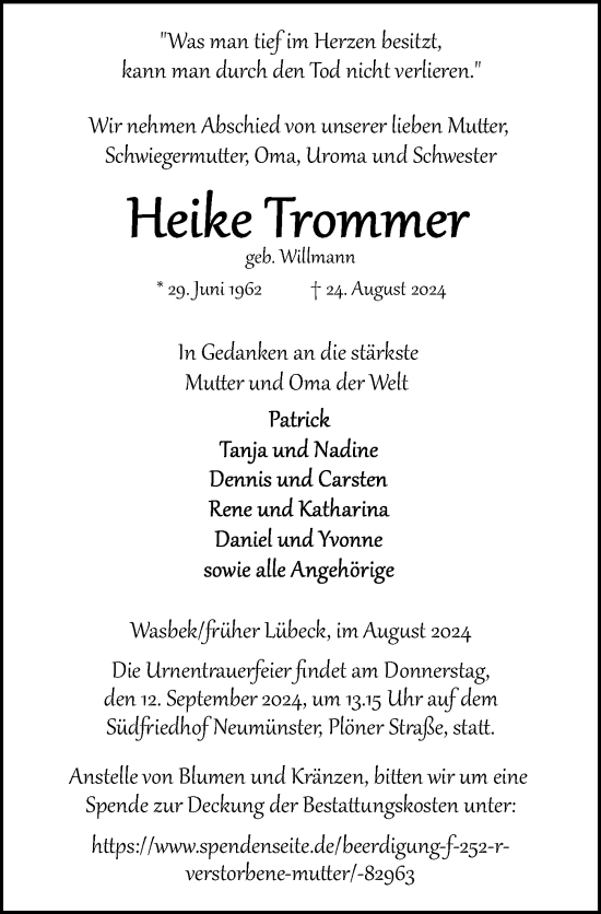 Traueranzeige von Heike Trommer von Lübecker Nachrichten