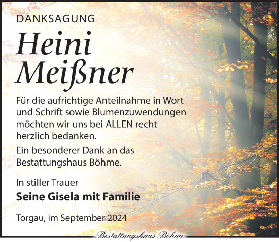 Traueranzeige von Heini Meißner von Torgauer Zeitung