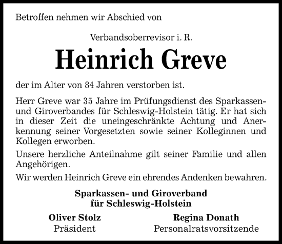 Traueranzeige von Heinrich Greve von Kieler Nachrichten