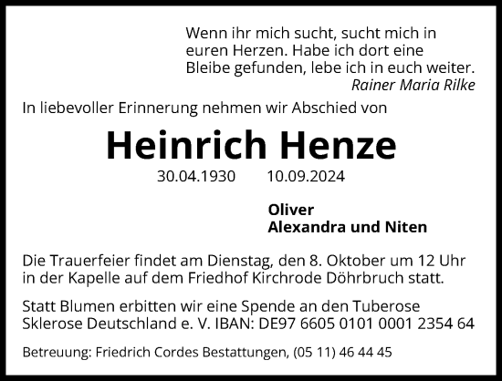 Traueranzeige von Heinrich Henze von Hannoversche Allgemeine Zeitung/Neue Presse