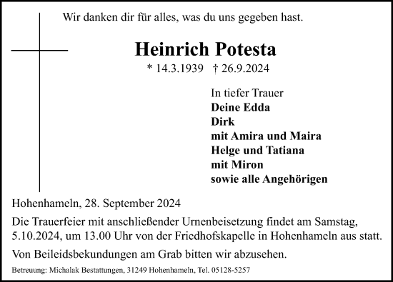 Traueranzeige von Heinrich Potesta von Peiner Allgemeine Zeitung