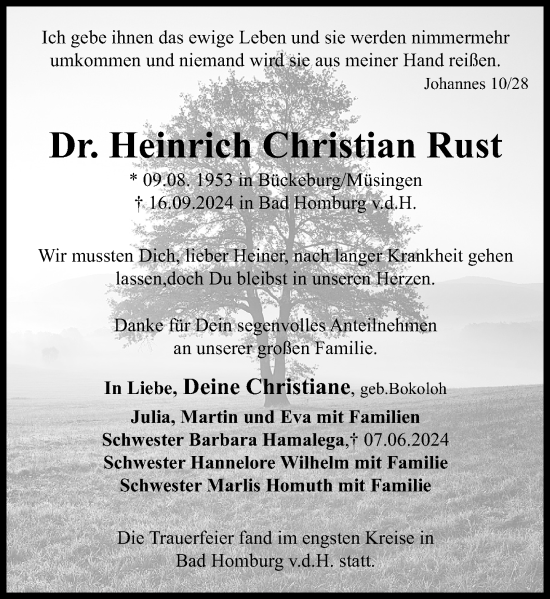 Traueranzeige von Heinrich Christian Rust von Schaumburger Nachrichten und Schaumburger Zeitung/ Landes-Zeitung