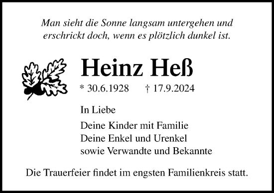 Traueranzeige von Heinz Heß von Ostsee-Zeitung GmbH