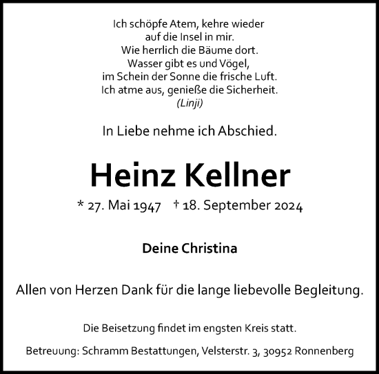 Traueranzeige von Heinz Kellner von Hannoversche Allgemeine Zeitung/Neue Presse