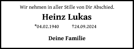 Traueranzeige von Heinz Lukas von Hannoversche Allgemeine Zeitung/Neue Presse