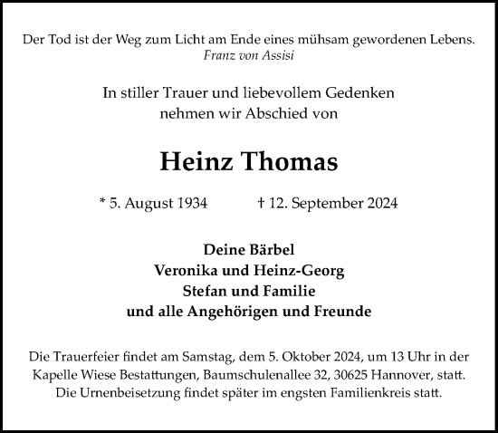 Traueranzeige von Heinz Thomas von Hannoversche Allgemeine Zeitung/Neue Presse