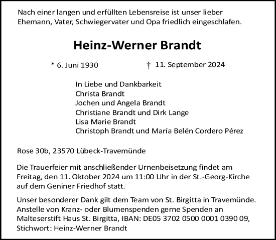 Traueranzeige von Heinz-Werner Brandt von Lübecker Nachrichten