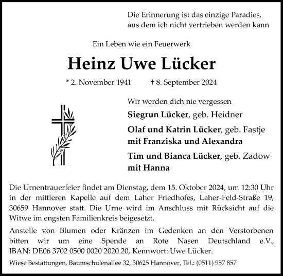 Traueranzeige von Heinz Uwe Lücker von Hannoversche Allgemeine Zeitung/Neue Presse