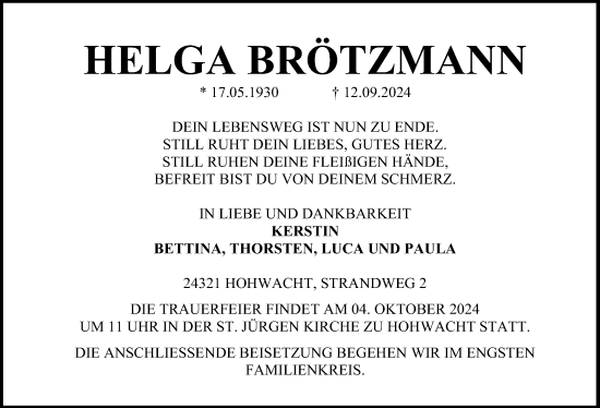 Traueranzeige von Helga Brötzmann von Kieler Nachrichten