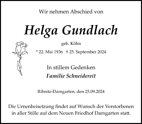 Traueranzeige von Helga Gundlach von Ostsee-Zeitung GmbH