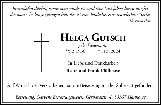 Traueranzeige von Helga Gutsch von Hannoversche Allgemeine Zeitung/Neue Presse