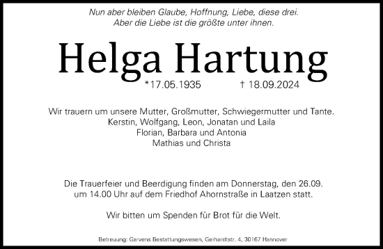 Traueranzeige von Helga Hartung von Hannoversche Allgemeine Zeitung/Neue Presse