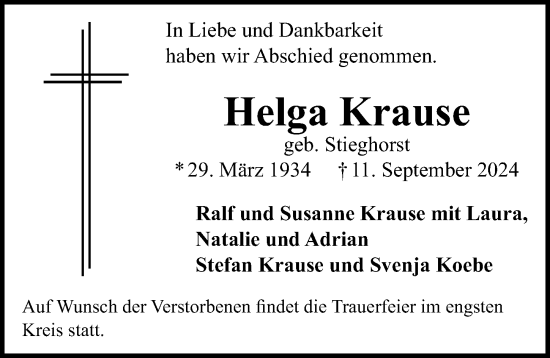 Traueranzeige von Helga Krause von Hannoversche Allgemeine Zeitung/Neue Presse