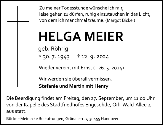 Traueranzeige von Helga Meier von Hannoversche Allgemeine Zeitung/Neue Presse