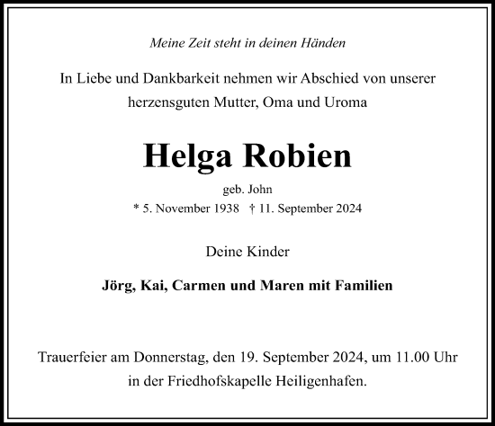 Traueranzeige von Helga Robien von Lübecker Nachrichten