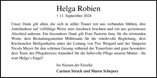 Traueranzeige von Helga Robien von Lübecker Nachrichten