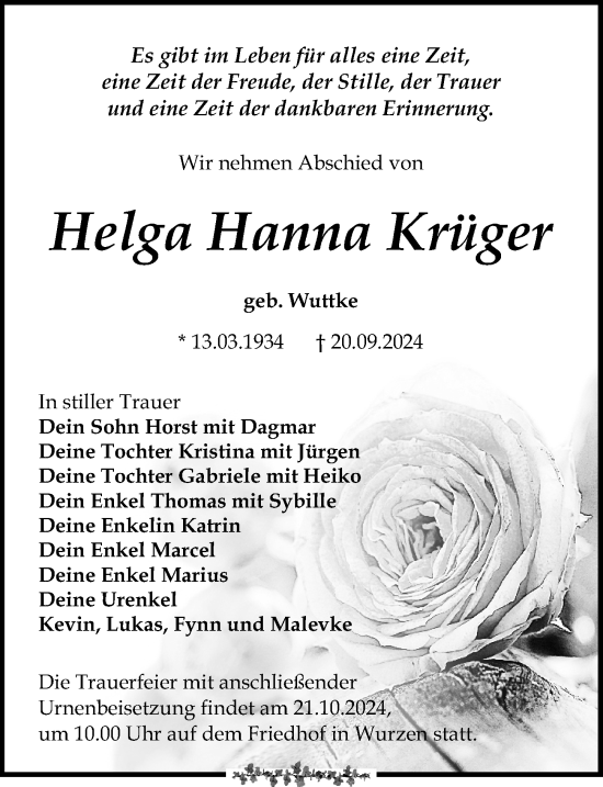 Traueranzeige von Helga Hanna Krüger von Leipziger Volkszeitung