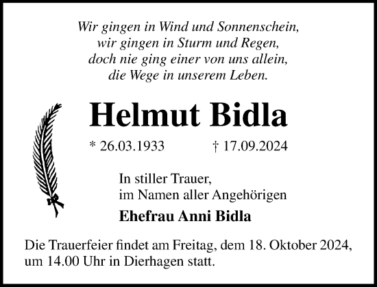 Traueranzeige von Helmut Bidla von Ostsee-Zeitung GmbH