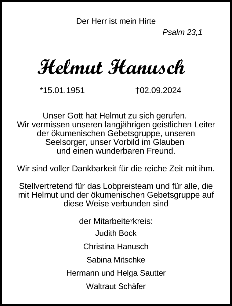  Traueranzeige für Helmut Hanusch vom 21.09.2024 aus Göttinger Tageblatt