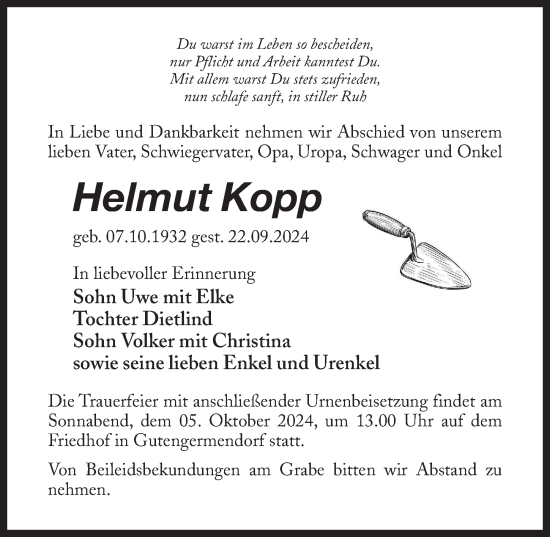 Traueranzeige von Helmut Kopp von Märkischen Allgemeine Zeitung