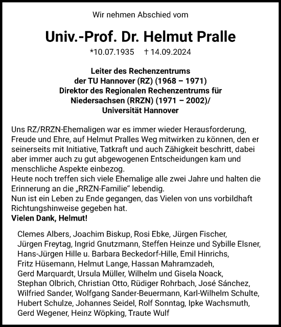 Traueranzeige von Helmut Pralle von Hannoversche Allgemeine Zeitung/Neue Presse